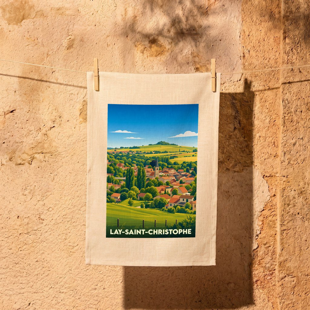 Torchon souvenir de la ville de Lay-Saint-Christophe orné d'une illustration paysagère stylisée.