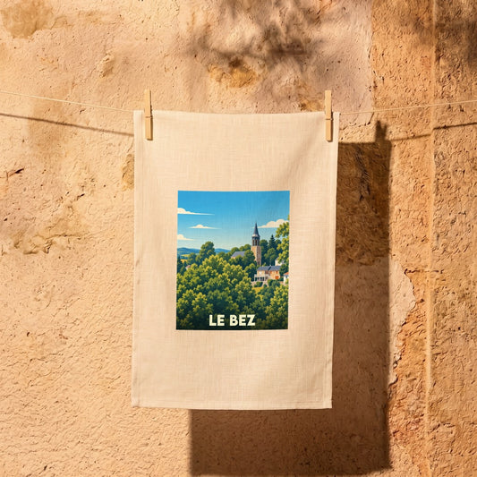 Torchon souvenir de la ville de Le Bez avec une illustration stylisée d'un paysage arboré.