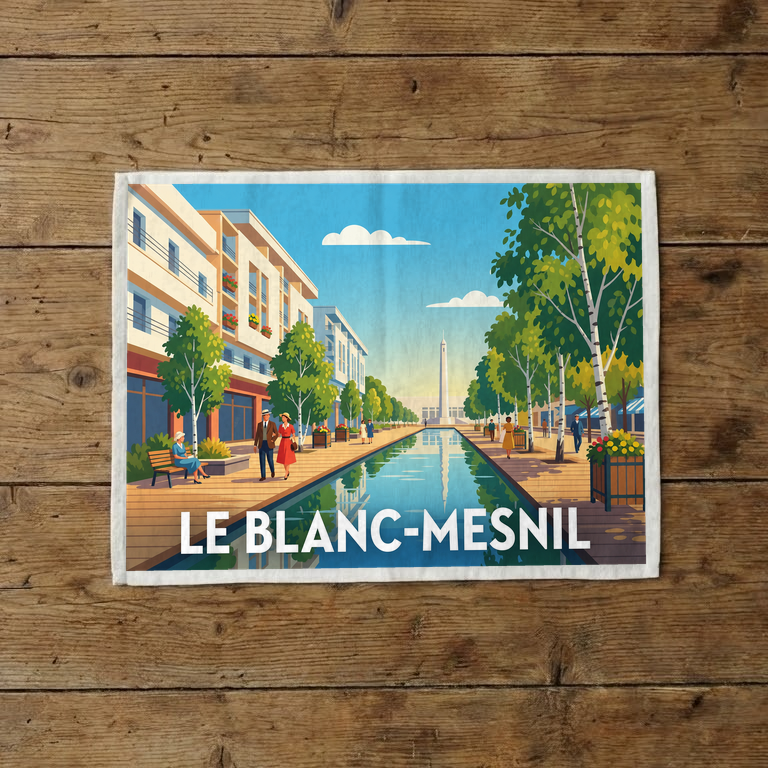 Torchon souvenir de la ville de Le Blanc-Mesnil avec une illustration rétro et colorée.