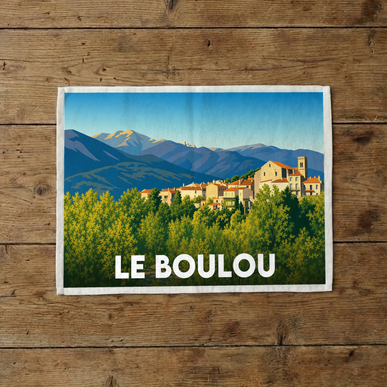 Torchon souvenir de la ville de Le Boulou avec une illustration stylisée de son paysage.