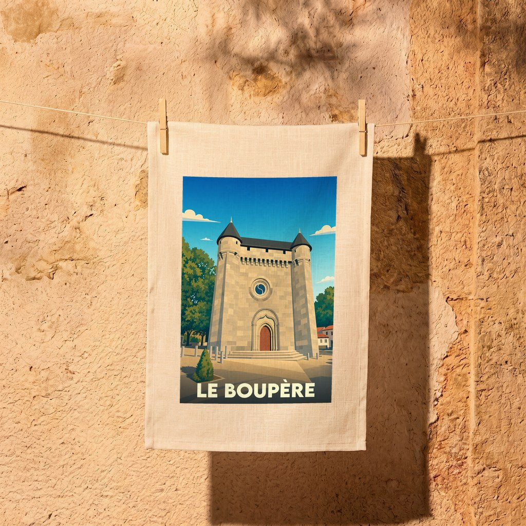 Torchon souvenir de la ville du Boupère avec une illustration stylisée de son église fortifiée.