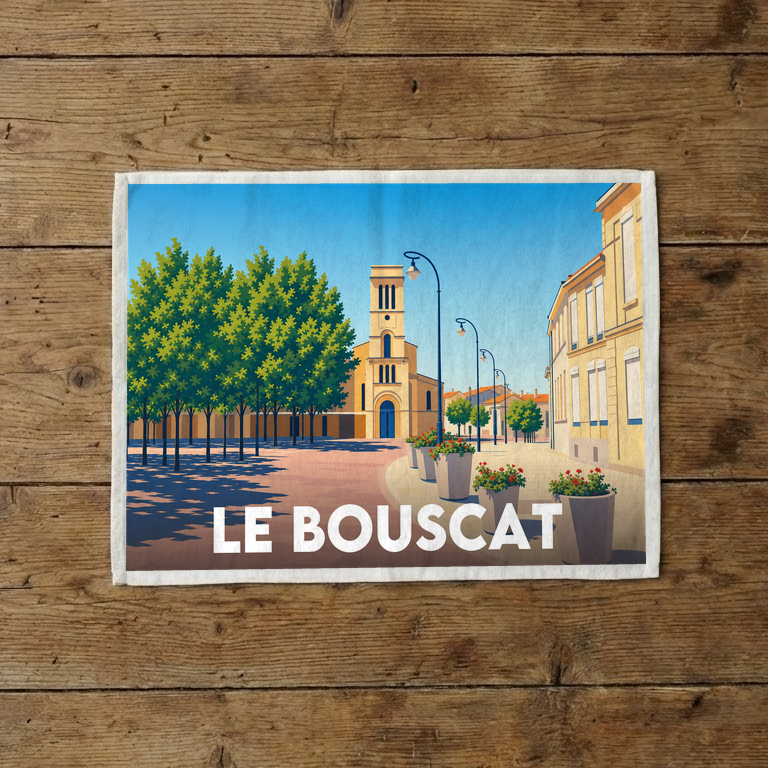 Torchon souvenir de la ville de Le Bouscat avec une illustration stylisée.