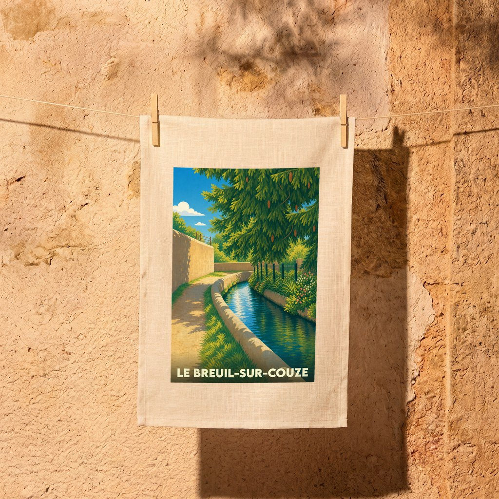 Torchon souvenir de la ville de Le Breuil-sur-Couze avec une illustration stylisée d'un canal arboré.