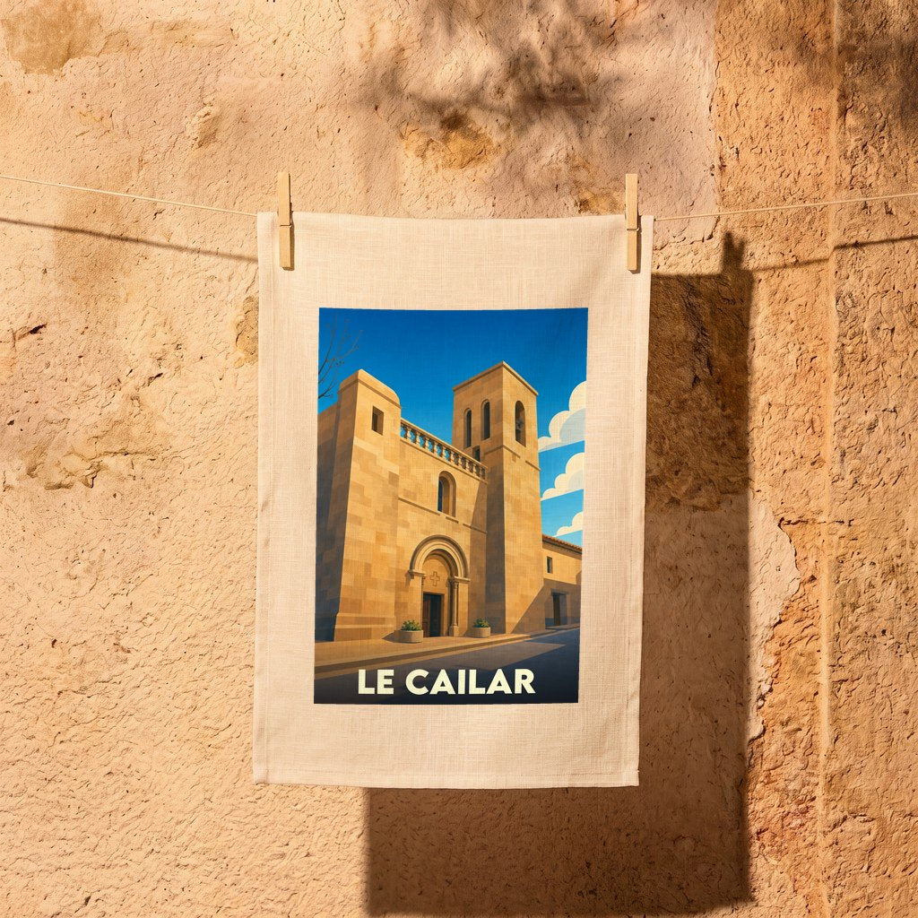 Torchon souvenir de la ville de Le Cailar avec une illustration stylisée d'une église sous un ciel bleu.