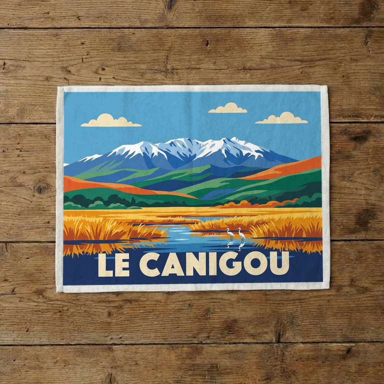 Torchon souvenir de Le Canigou avec une illustration stylisée du massif montagneux.