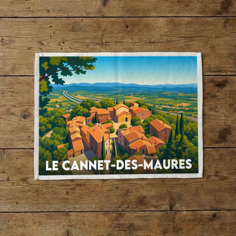 Torchon souvenir de la ville de Le Cannet-des-Maures avec une illustration stylisée.
