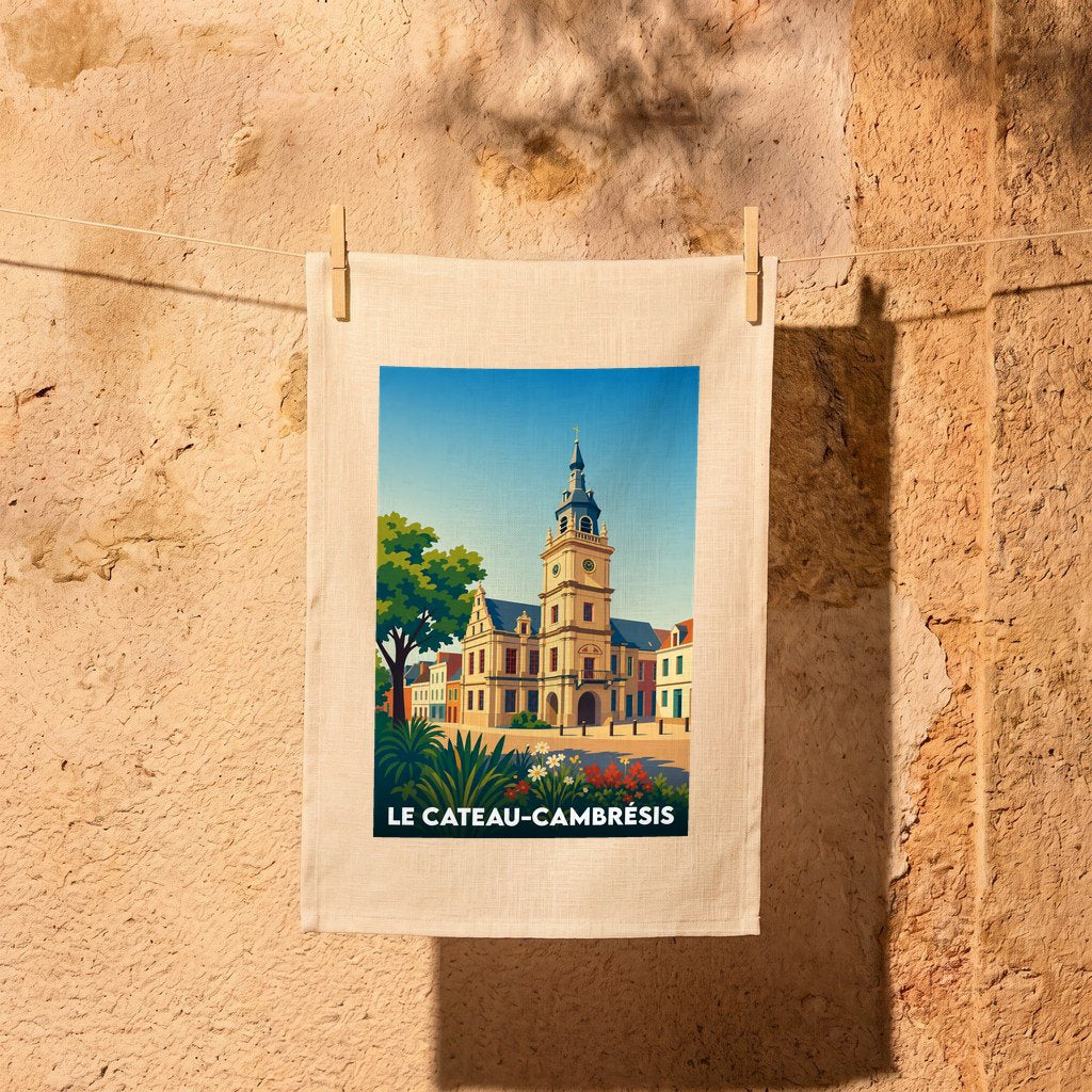Torchon souvenir de la ville de Le Cateau-Cambrésis avec une illustration stylisée de son hôtel de ville.