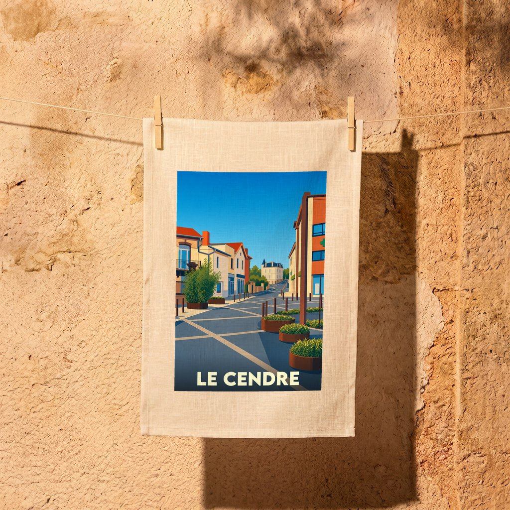 Torchon souvenir de la ville de Le Cendre avec une illustration stylisée.