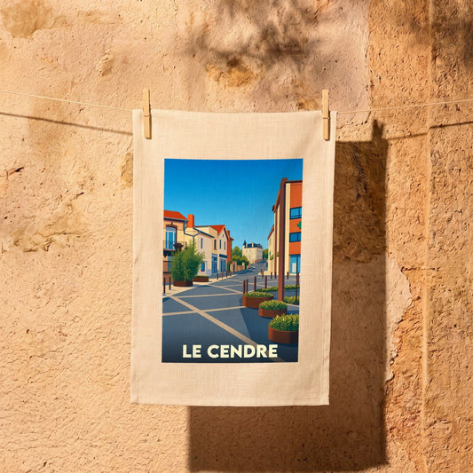Torchon souvenir de la ville de Le Cendre avec une illustration stylisée.