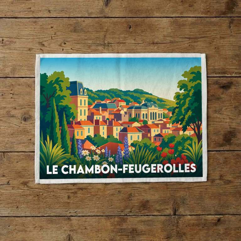 Torchon souvenir de la ville de Le Chambon-Feugerolles avec une illustration colorée et stylisée de ses paysages.