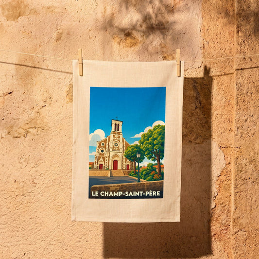 Torchon souvenir de la ville du Champ-Saint-Père avec une illustration stylisée de son église.
