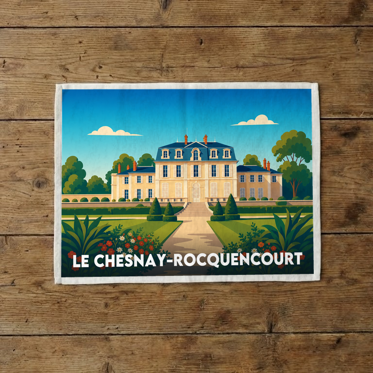 Torchon souvenir de la ville de Le Chesnay-Rocquencourt avec une illustration stylisée de son patrimoine architectural et de ses jardins.