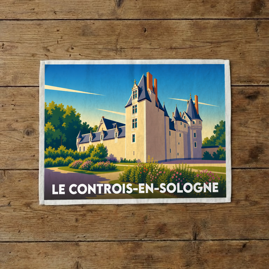 Torchon souvenir de la ville de Le Controis-en-Sologne avec une illustration stylisée de son château.