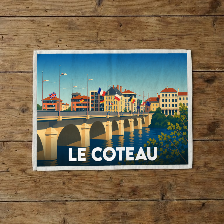 Torchon souvenir de la ville de Le Coteau avec une illustration stylisée d'un pont et de drapeaux européens.