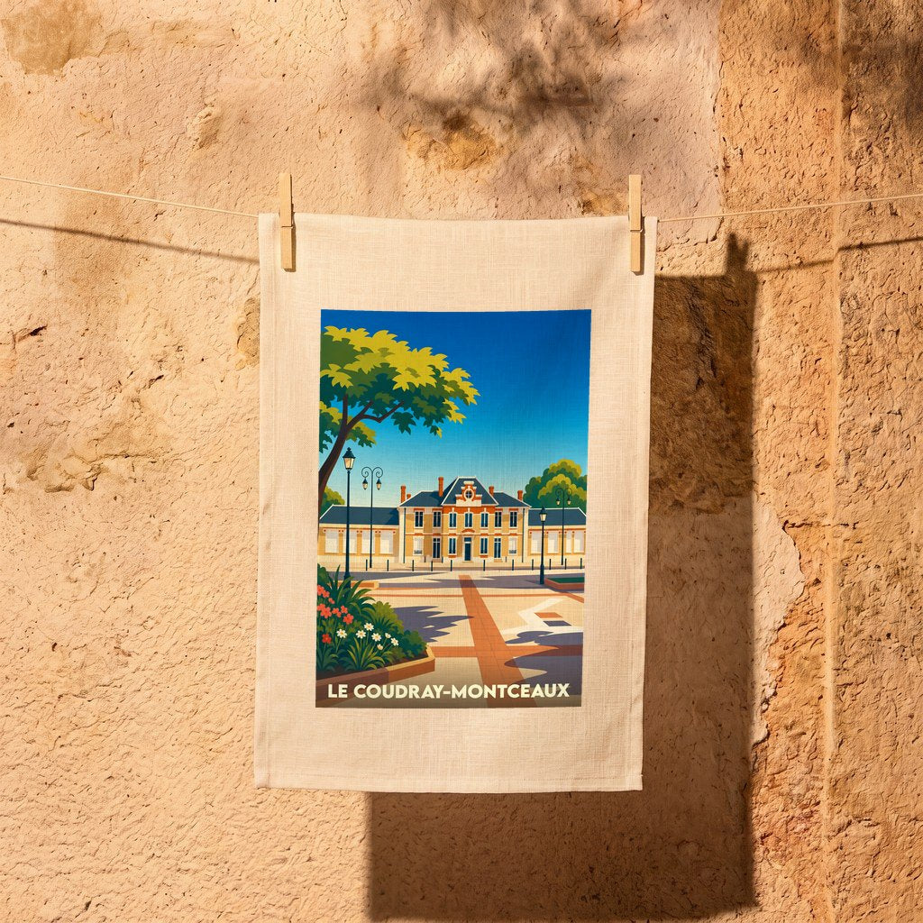 Torchon souvenir de la ville de Le Coudray-Montceaux orné d'une illustration stylisée de sa mairie.