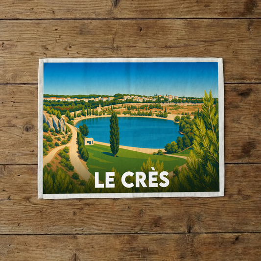 Torchon souvenir de la ville de Le Crès illustrant son lac avec un graphisme vintage et épuré.