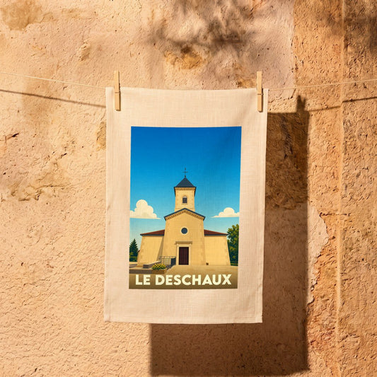 Torchon souvenir de la ville de Le Deschaux avec une illustration stylisée de son église.
