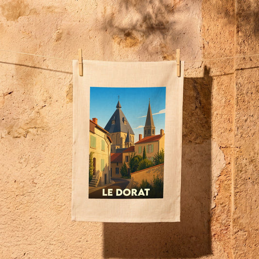 Torchon souvenir de la ville de Le Dorat avec une illustration stylisée.