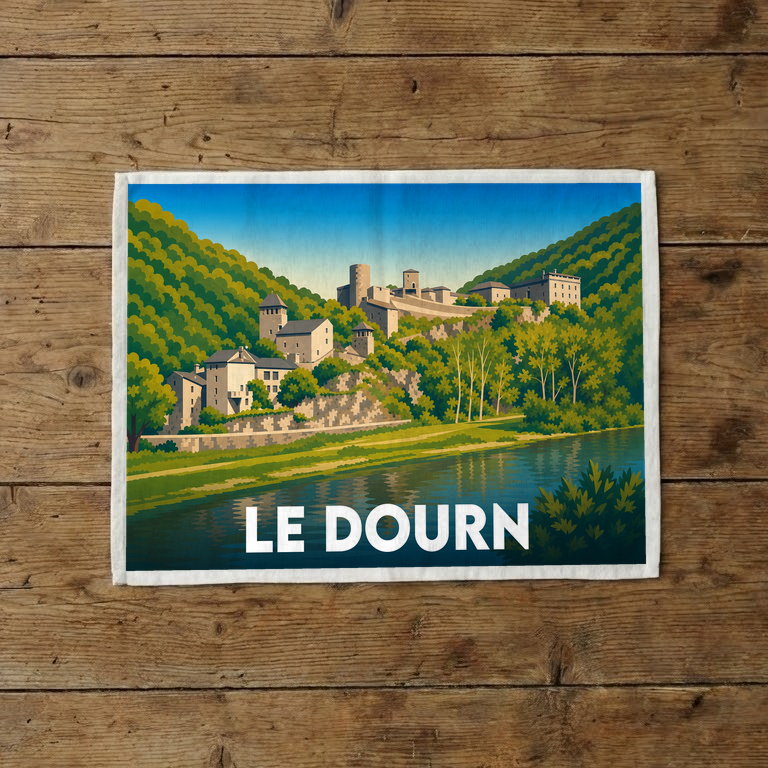 Torchon souvenir de la ville de Le Dourn avec une illustration stylisée d'un village en bord de rivière.