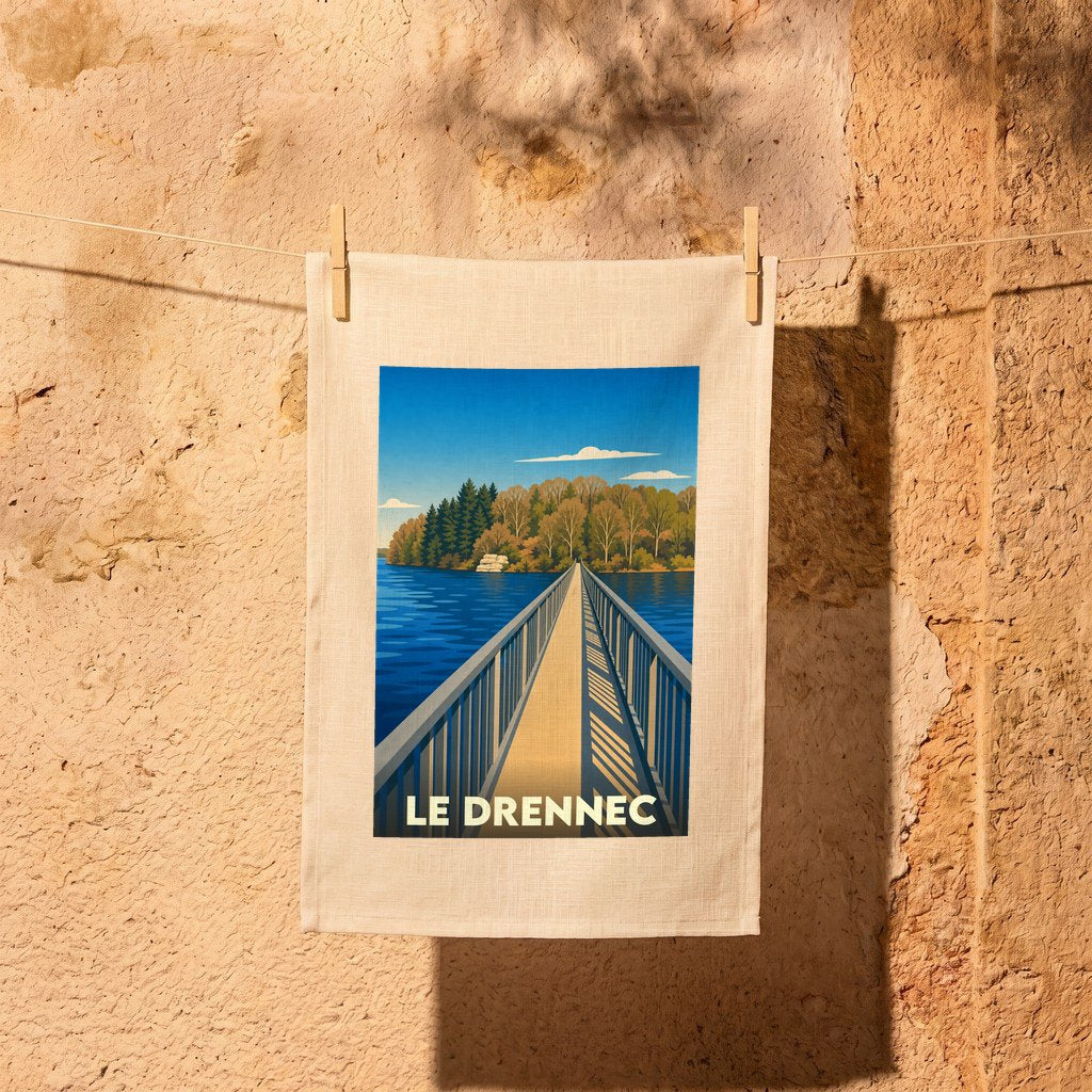 Torchon souvenir de la ville de Le Drennec avec une illustration stylisée représentant sa passerelle sur le lac.