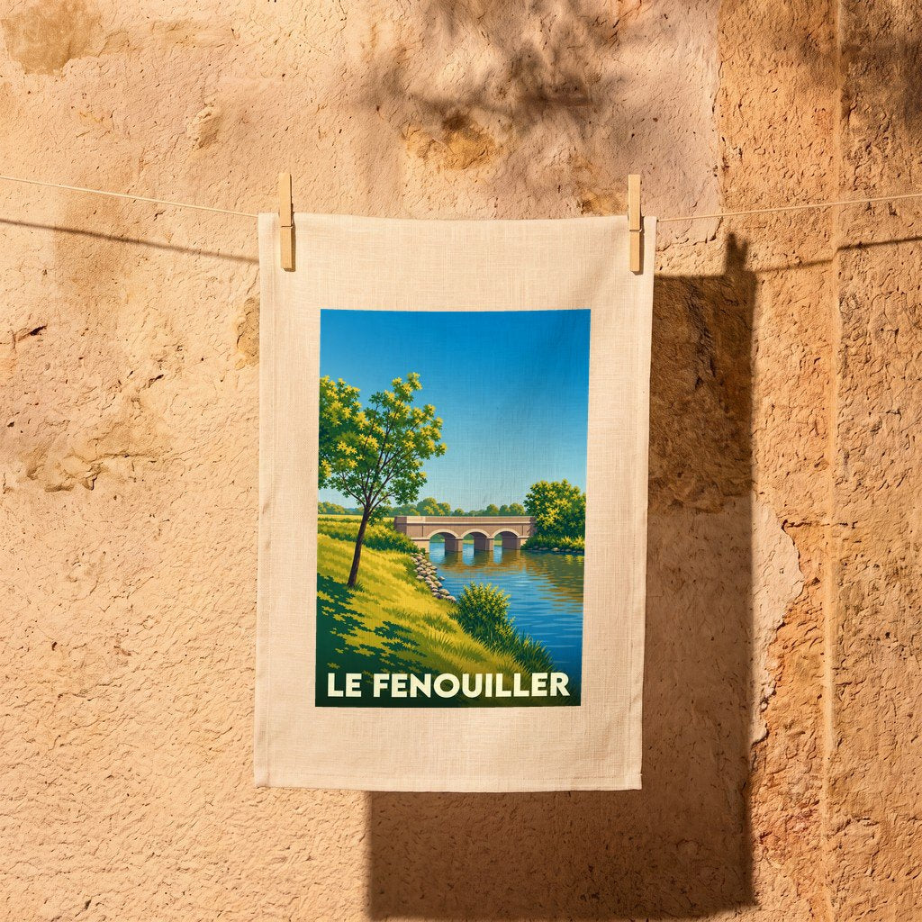 Torchon souvenir de la ville de Le Fenouiller avec une illustration stylisée représentant un pont sur une rivière.