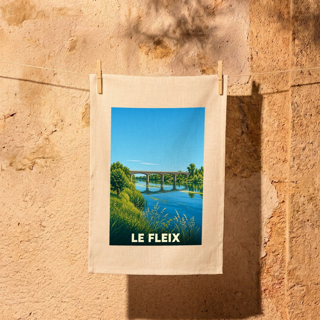 Torchon souvenir de la ville de Le Fleix orné d'une illustration stylisée représentant un pont sur la rivière.