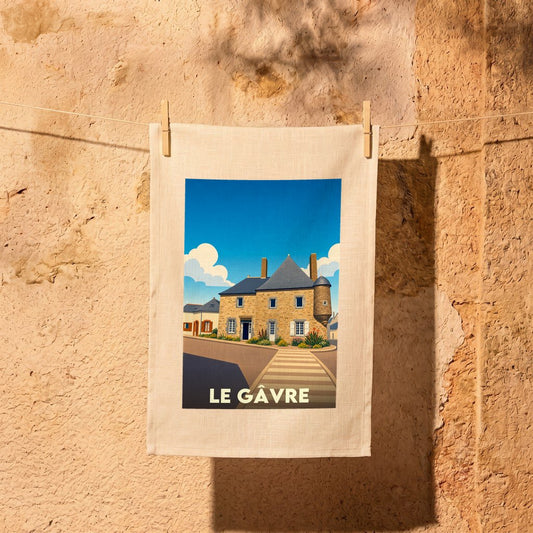 Torchon souvenir de la ville de Le Gâvre avec une illustration stylisée.