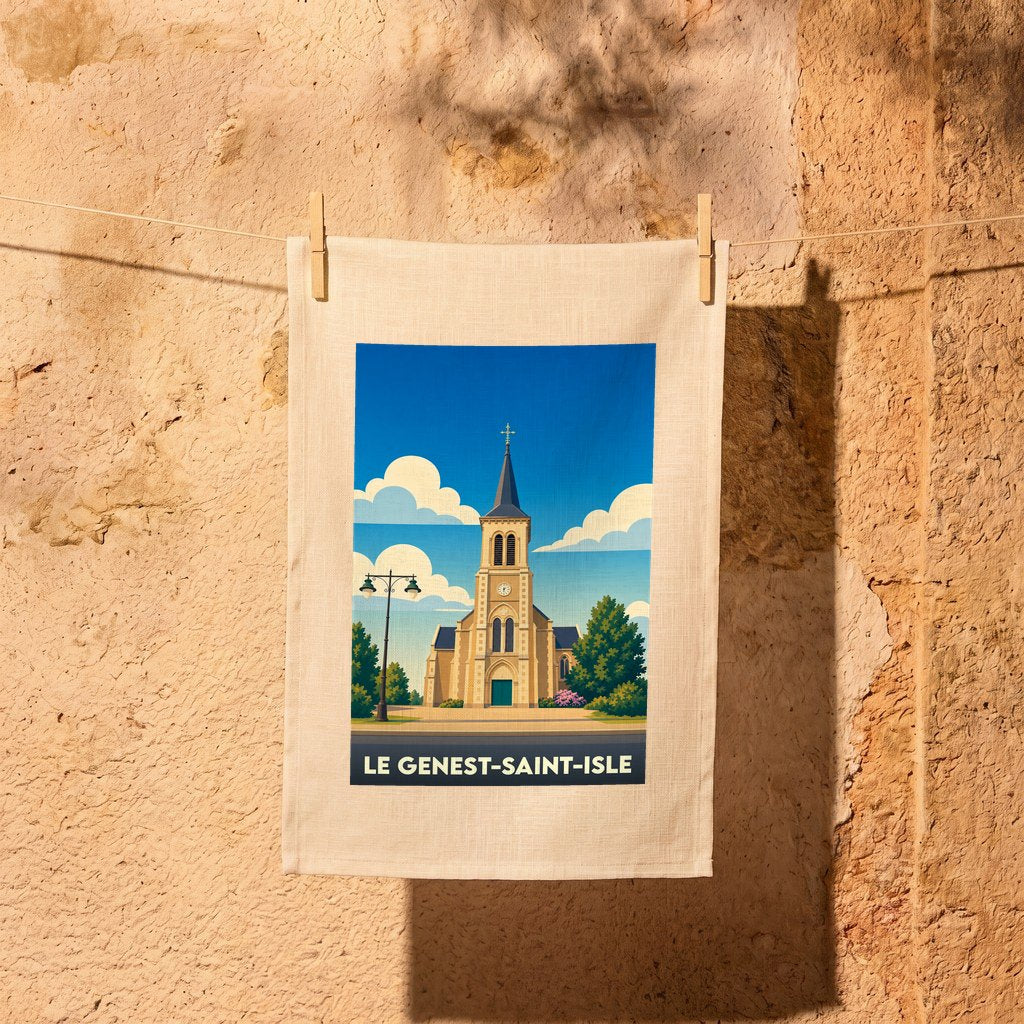 Torchon souvenir de la ville de Le Genest-Saint-Isle avec une illustration stylisée de son église sous un ciel bleu.
