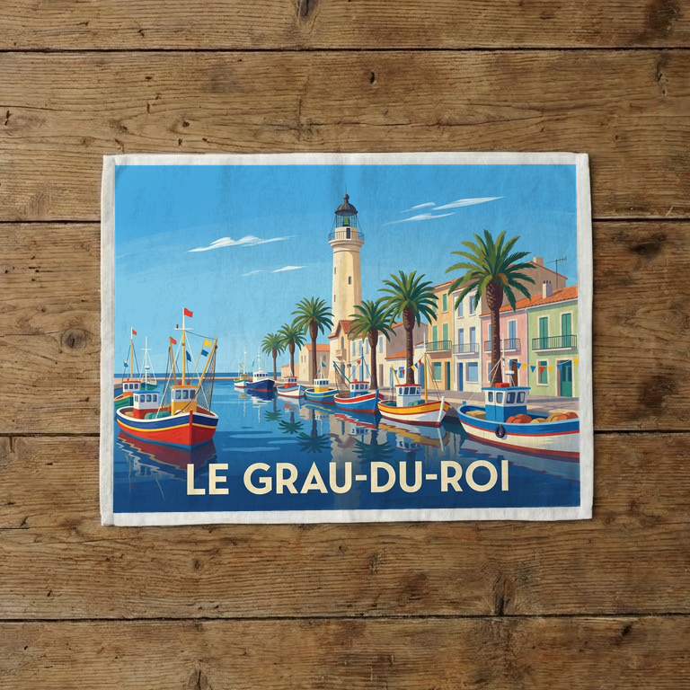 Torchon souvenir de la ville du Grau-du-Roi avec une illustration colorée de son port et de son phare.