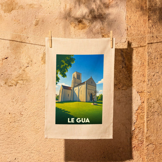 Torchon souvenir de la ville de Le Gua avec une illustration stylisée de son église.