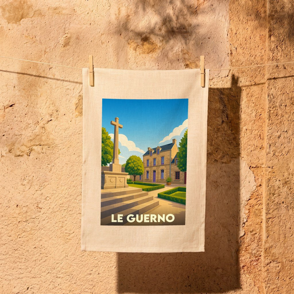 Torchon souvenir de la ville de Le Guerno avec une illustration stylisée.