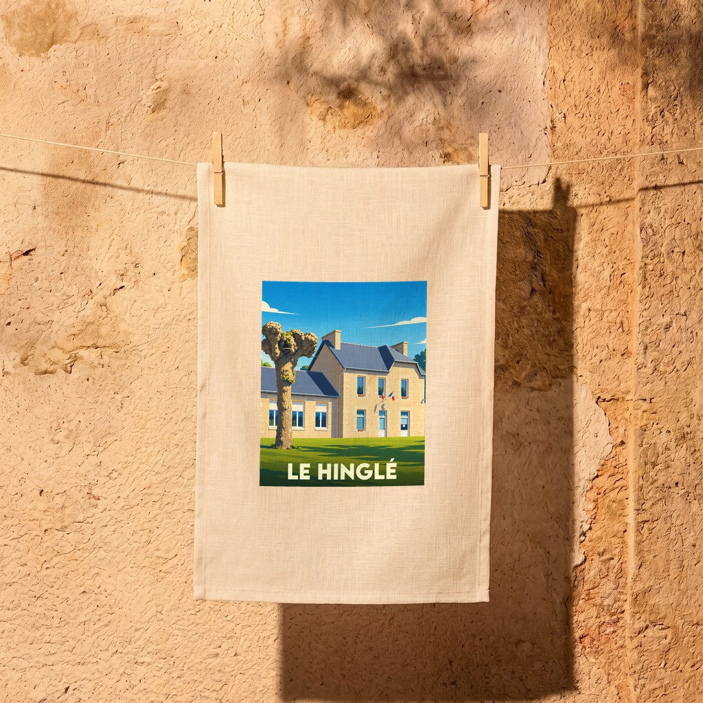Torchon souvenir de la ville de Le Hinglé avec une illustration stylisée.