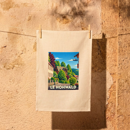 Torchon souvenir de la ville de Le Hohwald avec une illustration stylisée.