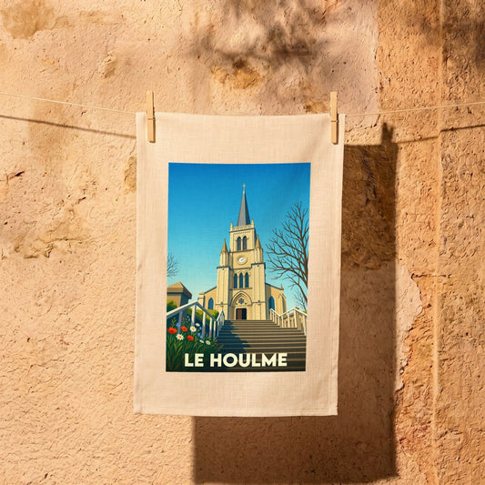 Torchon souvenir de la ville de Le Houlme avec une illustration stylisée de son église.