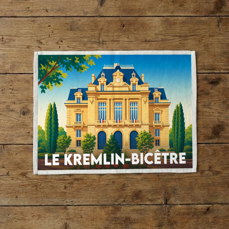 Torchon souvenir de la ville du Kremlin-Bicêtre avec une illustration stylisée de son hôtel de ville.