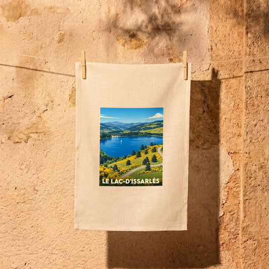 Torchon souvenir de Le Lac-d'Issarlès avec une illustration stylisée du lac et de ses paysages.