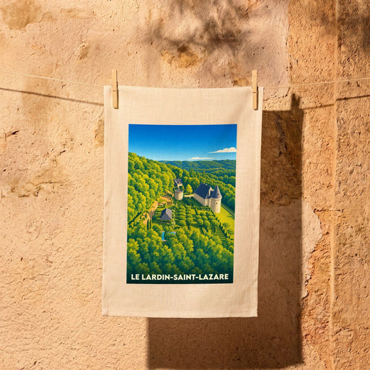 Torchon souvenir de la ville de Le Lardin-Saint-Lazare avec une illustration stylisée d'un domaine entouré de verdure.