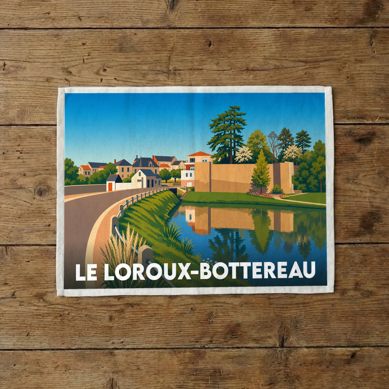 Torchon souvenir de la ville de Le Loroux-Bottereau avec une illustration stylisée et colorée.