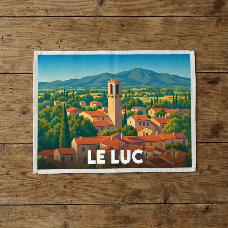 Torchon souvenir de la ville du Luc illustré d'un paysage provençal stylisé.