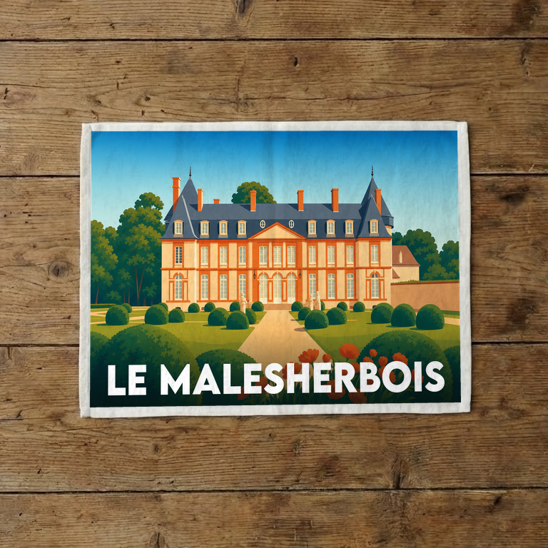 Torchon souvenir de la ville de Le Malesherbois illustré d'un château majestueux dans un style graphique épuré.