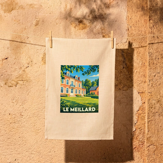 Torchon souvenir de la ville de Le Meillard avec une illustration stylisée d'une demeure bourgeoise.