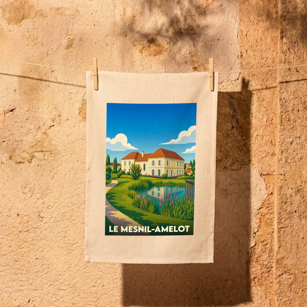 Torchon souvenir de la ville de Le Mesnil-Amelot avec une illustration stylisée d'un manoir au bord de l'eau.