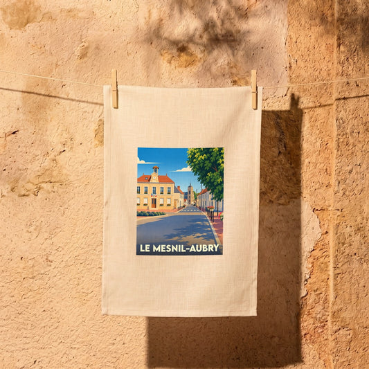 Torchon souvenir de la ville de Le Mesnil-Aubry avec une illustration stylisée.
