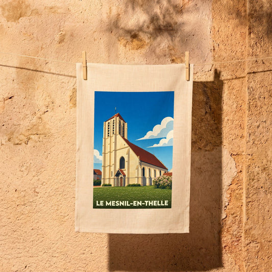 Torchon souvenir de la ville de Le Mesnil-en-Thelle avec une illustration stylisée de son église.