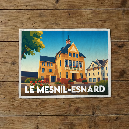 Torchon souvenir de la ville de Le Mesnil-Esnard avec une illustration stylisée de sa mairie.