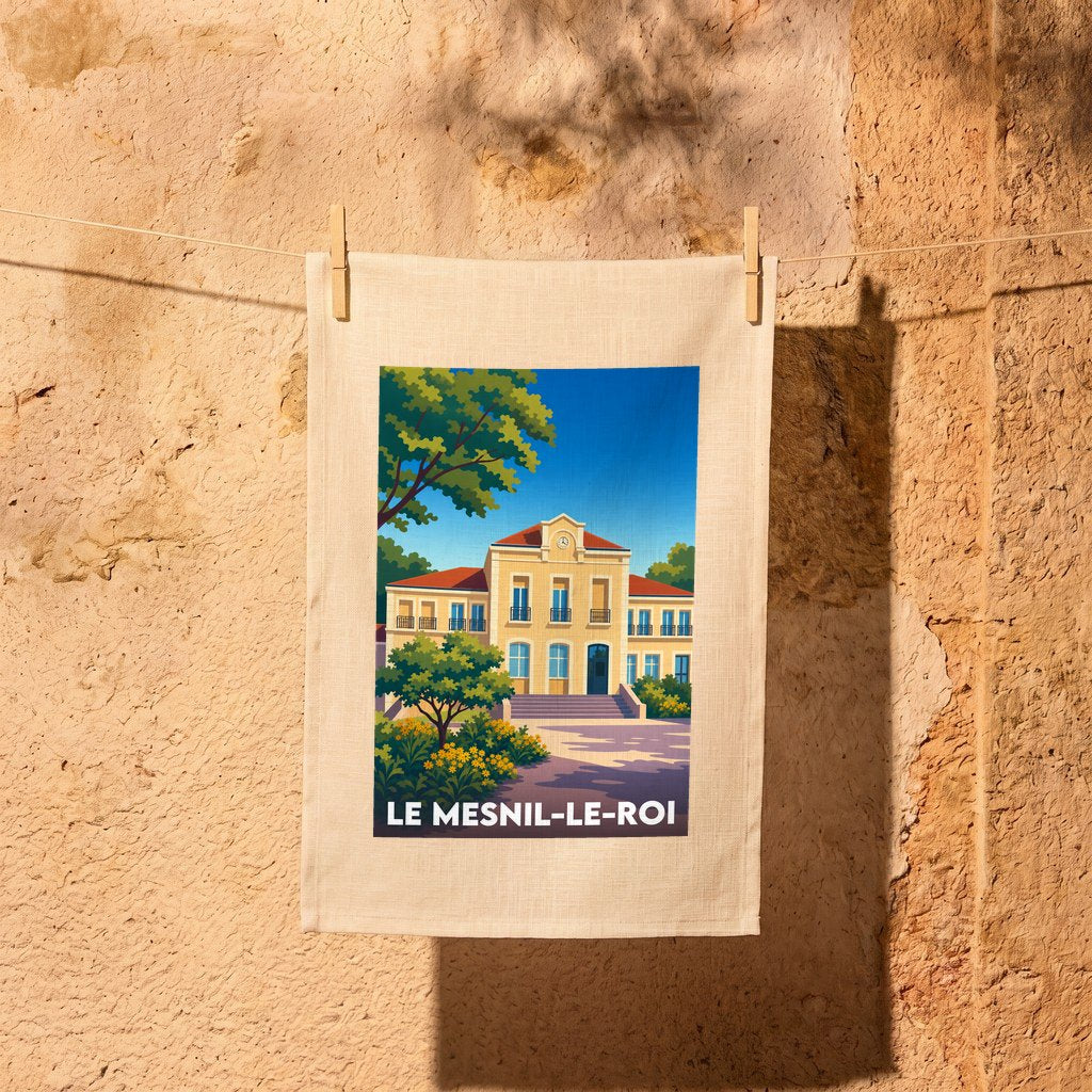 Torchon souvenir de la ville de Le Mesnil-le-Roi avec une illustration stylisée de son hôtel de ville.