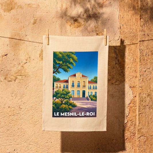 Torchon souvenir de la ville de Le Mesnil-le-Roi avec une illustration stylisée de son hôtel de ville.