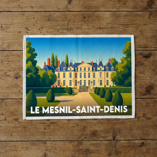 Torchon souvenir de la ville de Le Mesnil-Saint-Denis avec une illustration stylisée de son château.