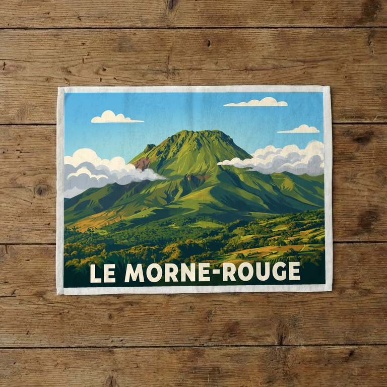 Torchon souvenir de la ville de Le Morne-Rouge avec une illustration stylisée de son paysage montagneux.