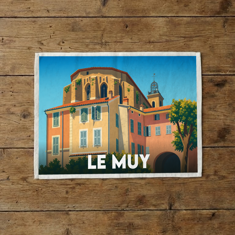 Torchon souvenir de la ville de Le Muy avec une illustration stylisée de son architecture provençale.